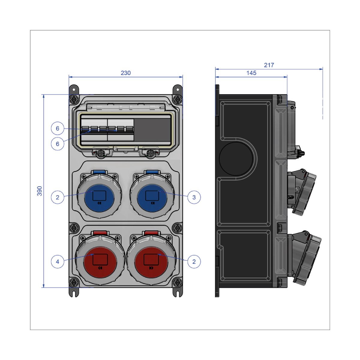 Variabox 2 TOMAS 380 V DE 32A 3P +T 2 TOMA 16A2P+T 250 V — BALS - Imagen 3